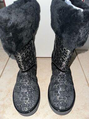 Coach Metallic Signature C Boots Black Silver 8